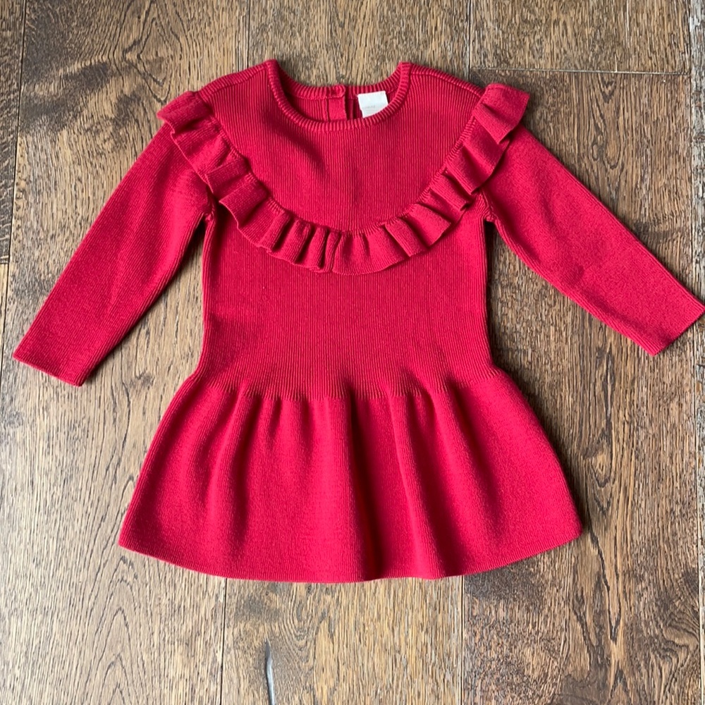 H&M Red Cotton Long Sleeve Ruffle Yoke Knit Dress